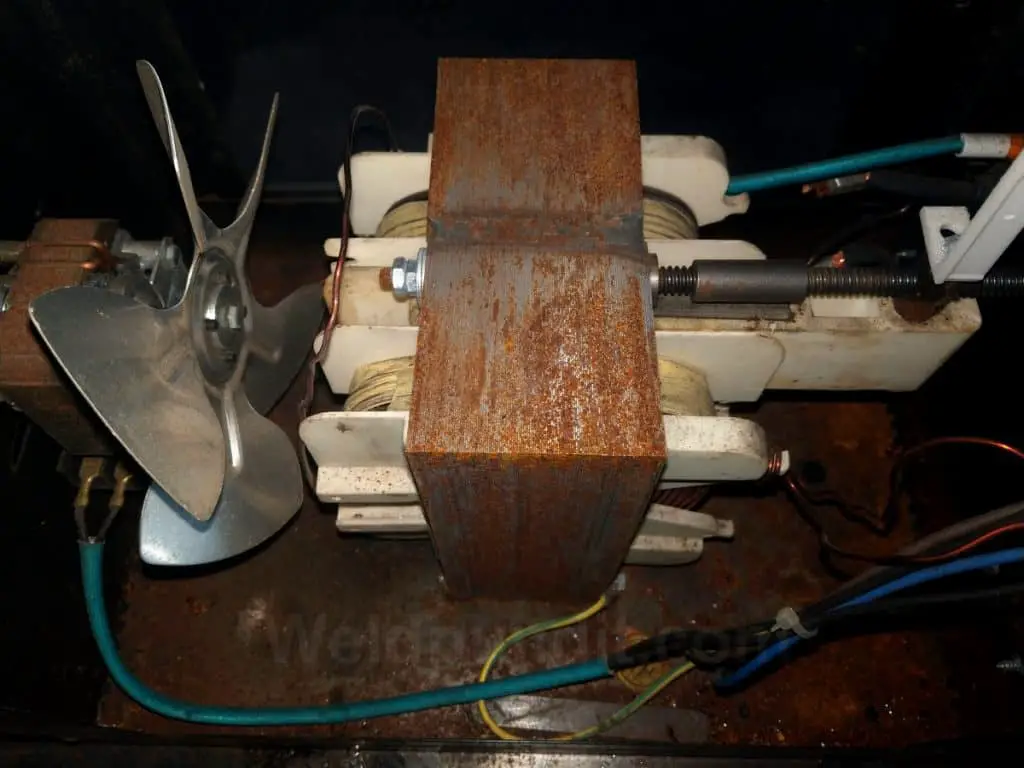 A photo of a transformer AC welder's interior